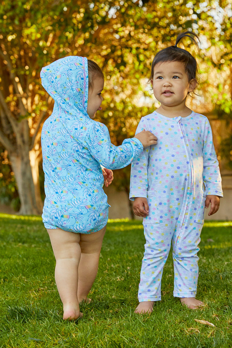 Two baby girls in the baby girl's long sleeve everyday romper|rainbow-sprinkles