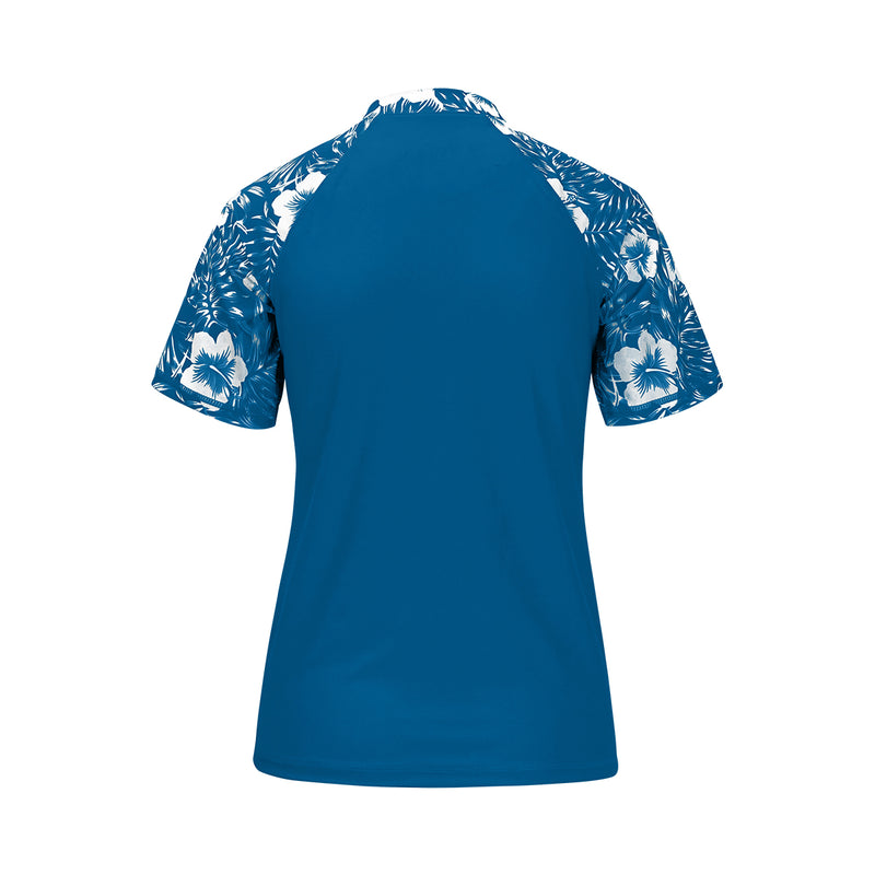 back of the women's short sleeve v-neck swim shirt in mykonos paradise|mykonos-paradise