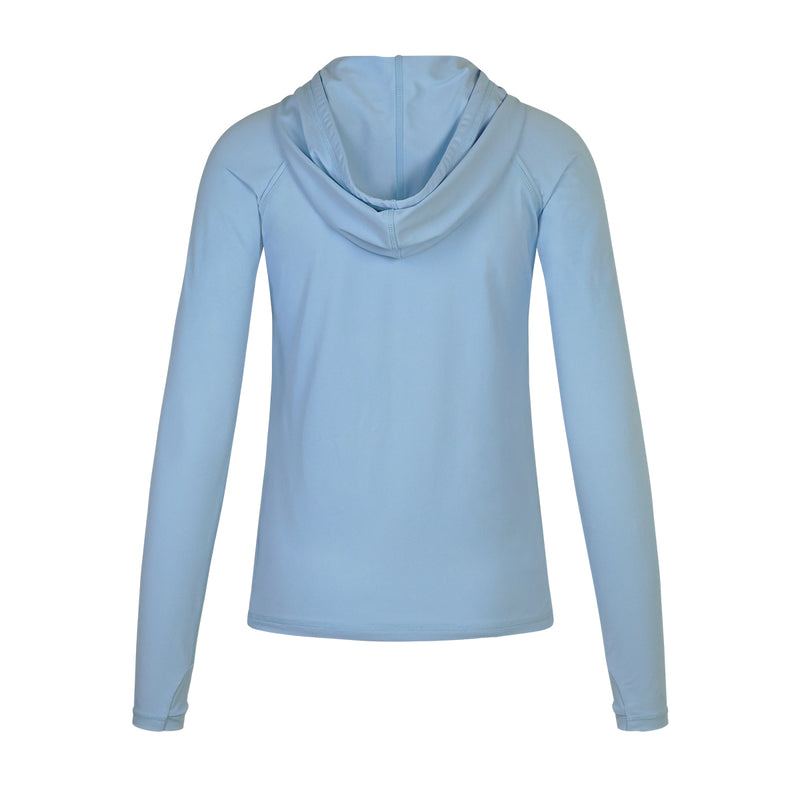 back of the women's hooded water jacket in clear sky|clear-sky