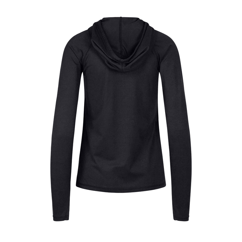 back of the UV Skinz's women's hooded water jacket in black|black