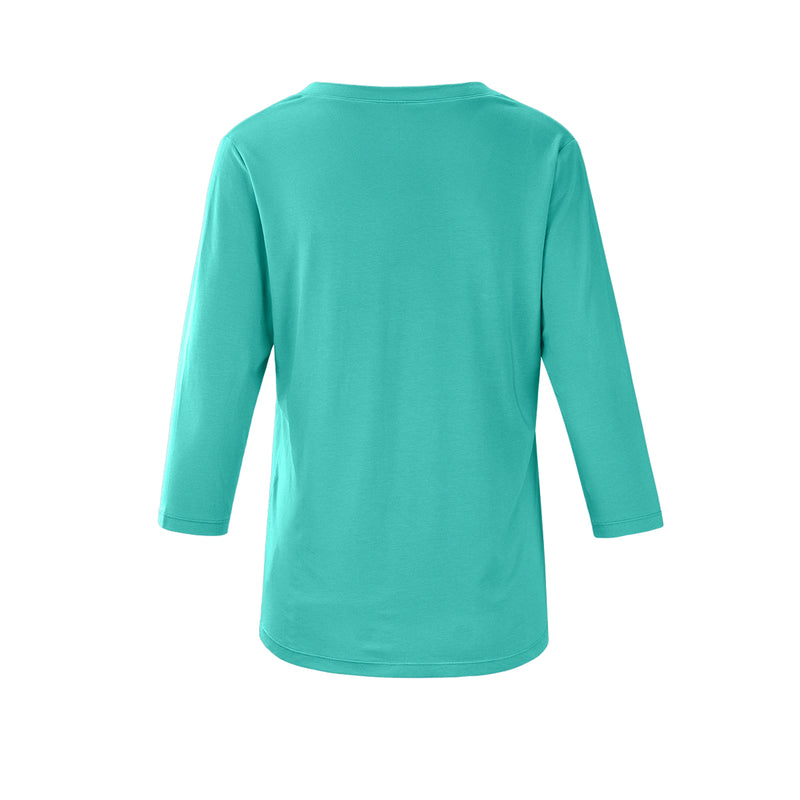 Back of the Women's 3/4 Sleeve V-Neck R&R Tee in Turquoise|turquoise