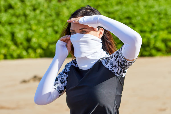 Woman wearing a white UV face shield