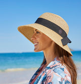 Woman wearing a sun hat that fits her face shape