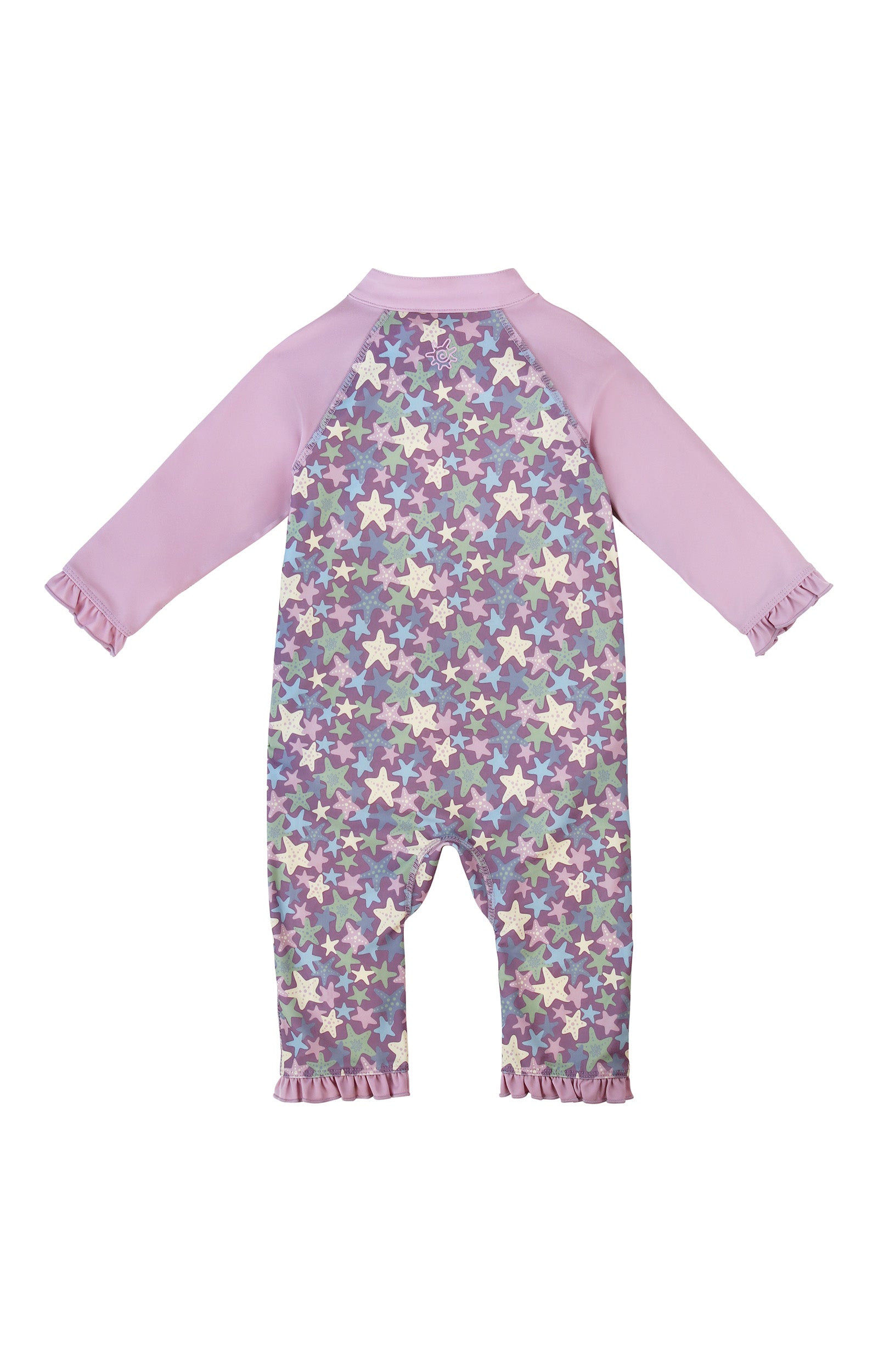 back view of baby girls one piece sun & swim suit in lotus starfish|lotus-starfish