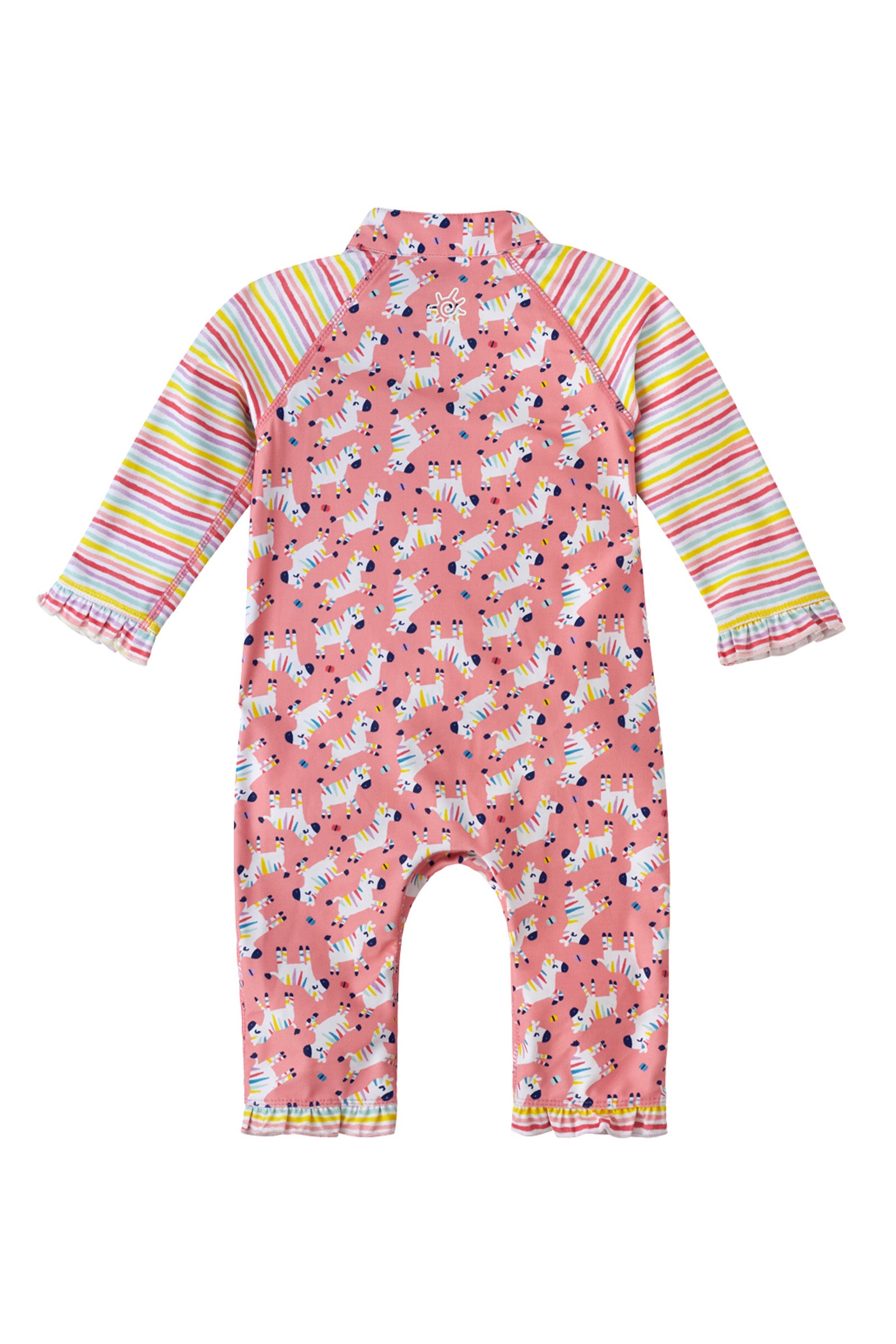 back of the baby girl's swimsuit in rainbow zebra