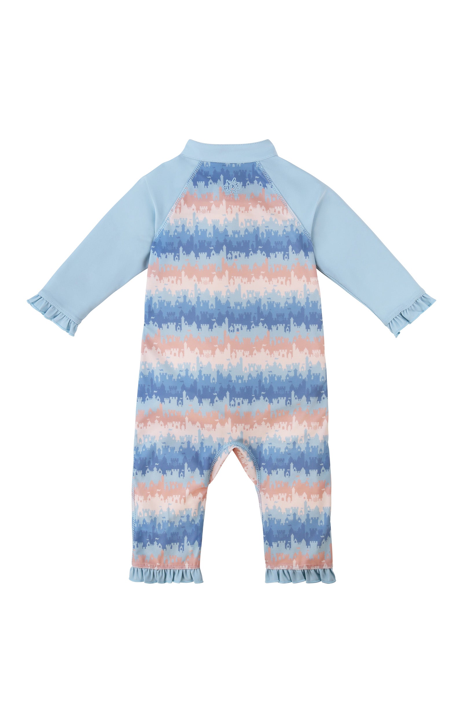 back view of baby girls one piece sun & swim suit in sandcastle dreams|sandcastle-dreams