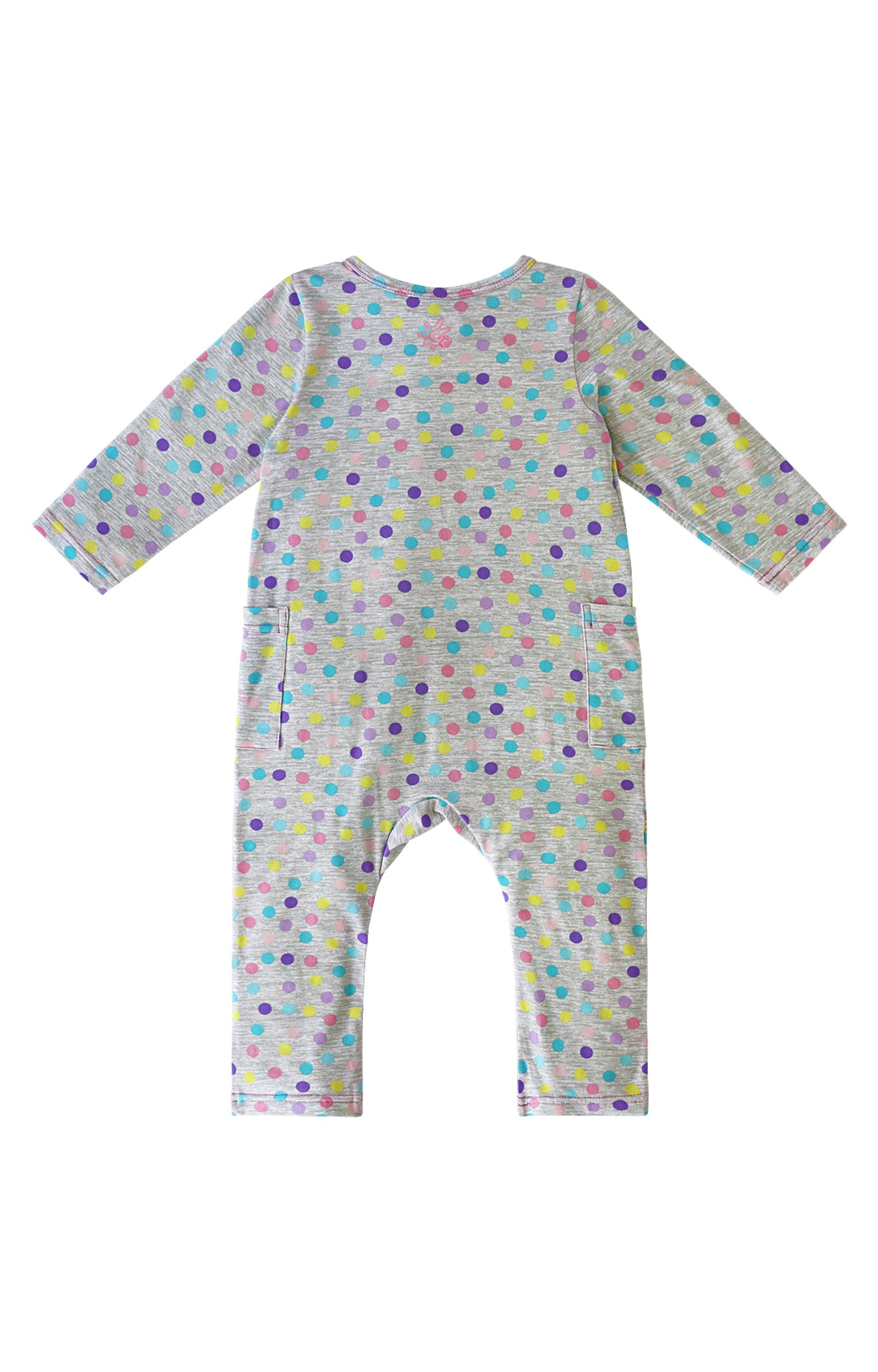 Back of Baby girl's long sleeve everyday romper in rainbow sprinkles |rainbow-sprinkles