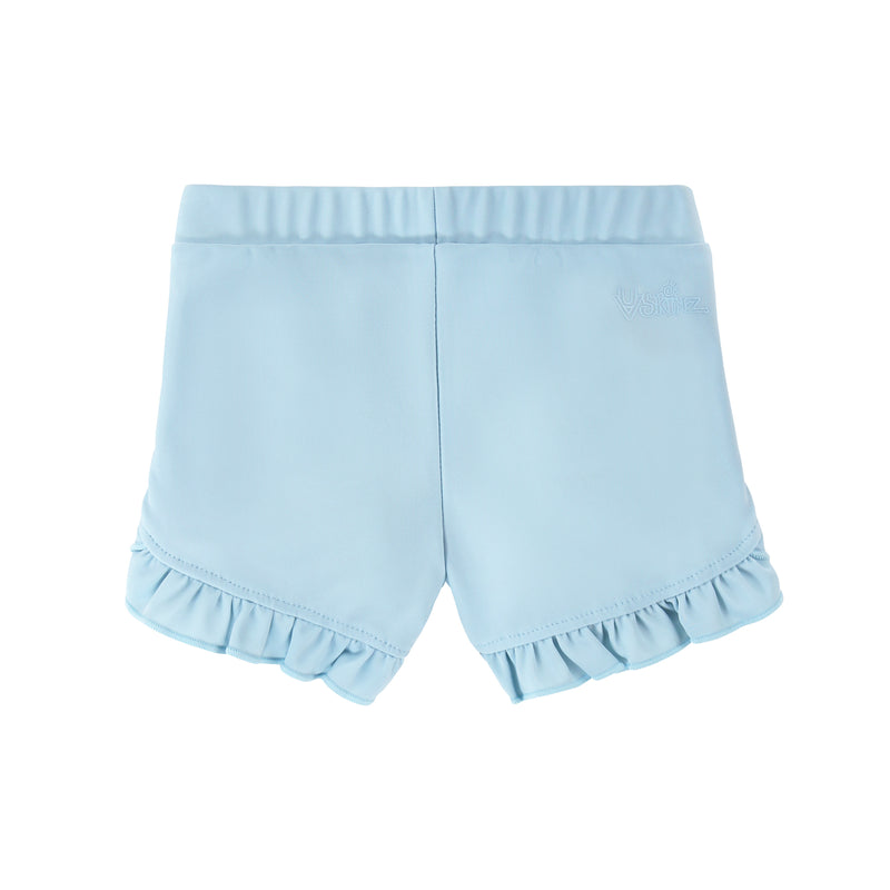back view of baby girls swim shorties in aquamarine|aquamarine