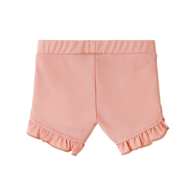 back view of baby girls swim shorties in dusty pink|dusty-pink