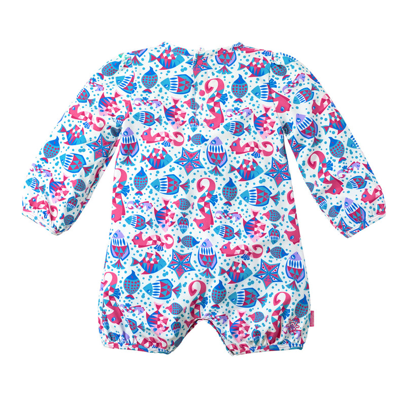 back of the baby girl's hoodied sunzie in bubblegum starfish|bubblegum-starfish