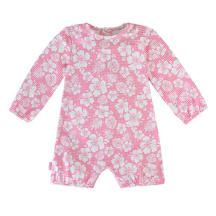 Baby girl UV one-piece in pink hibiscus gingham|pink-hibiscus-gingham