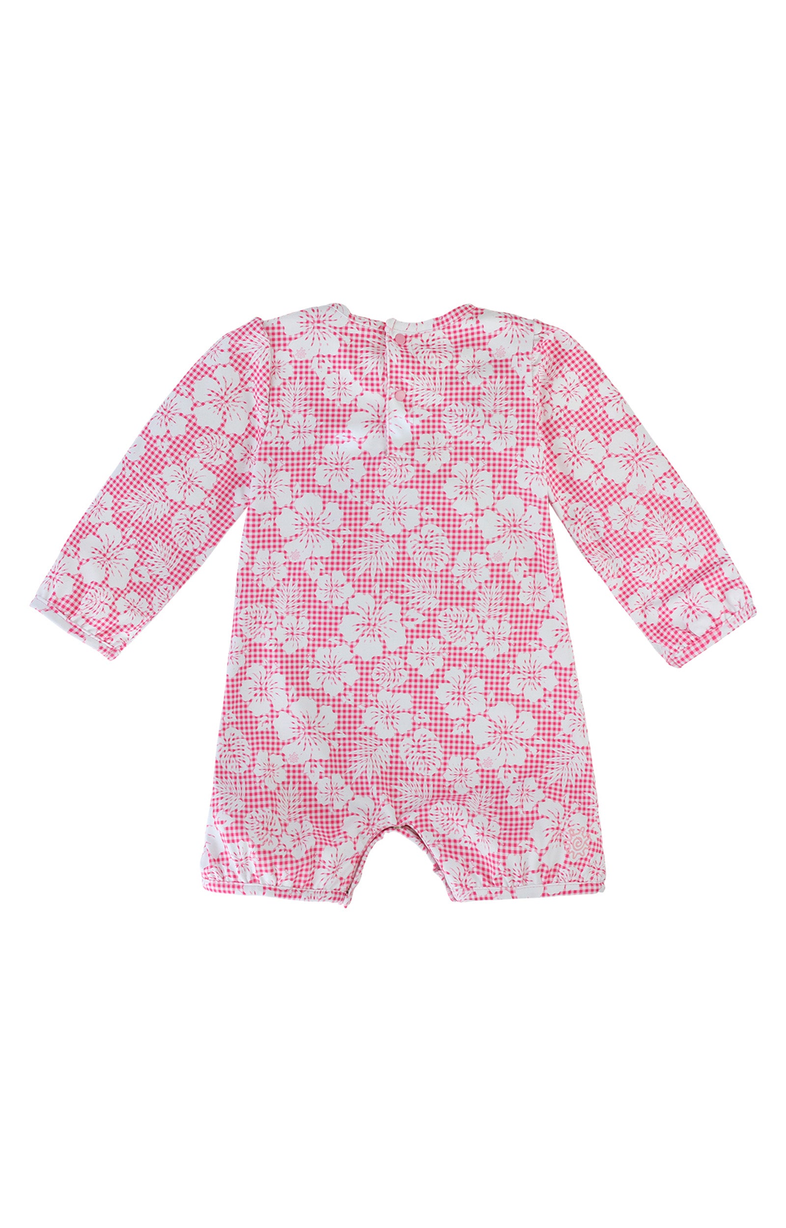 back of UV Skinz's Baby girl UV Sunzie in Pink Hibiscus Gingham|pink-hibiscus-gingham