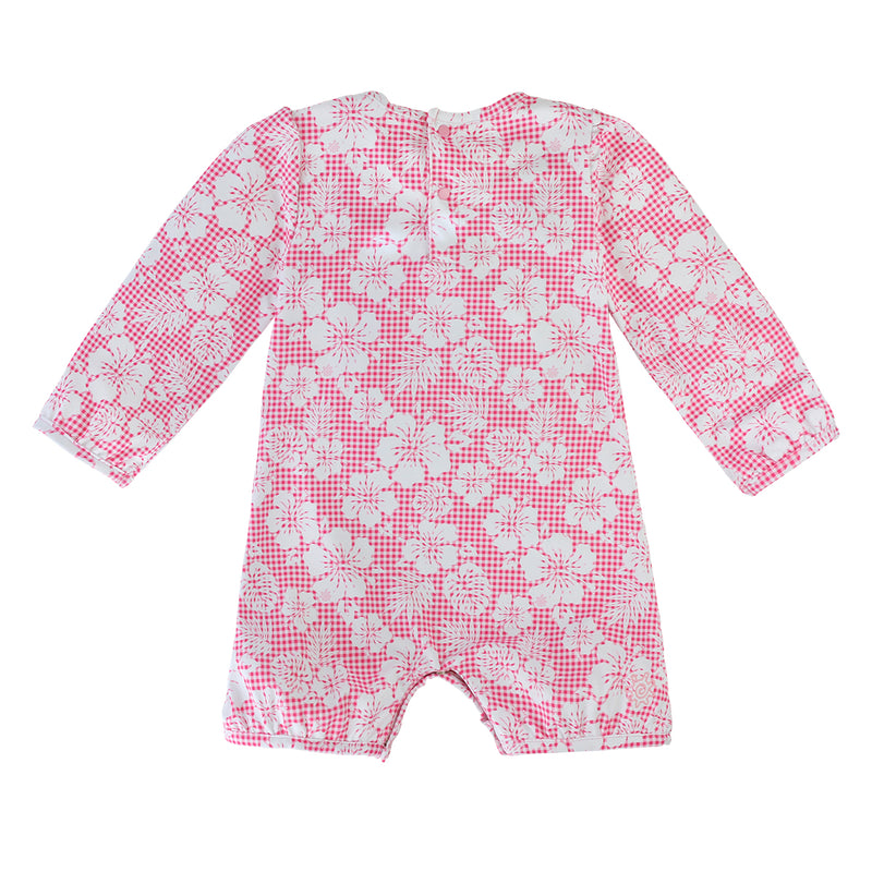 back of UV Skinz's Baby girl UV Sunzie in Pink Hibiscus Gingham|pink-hibiscus-gingham
