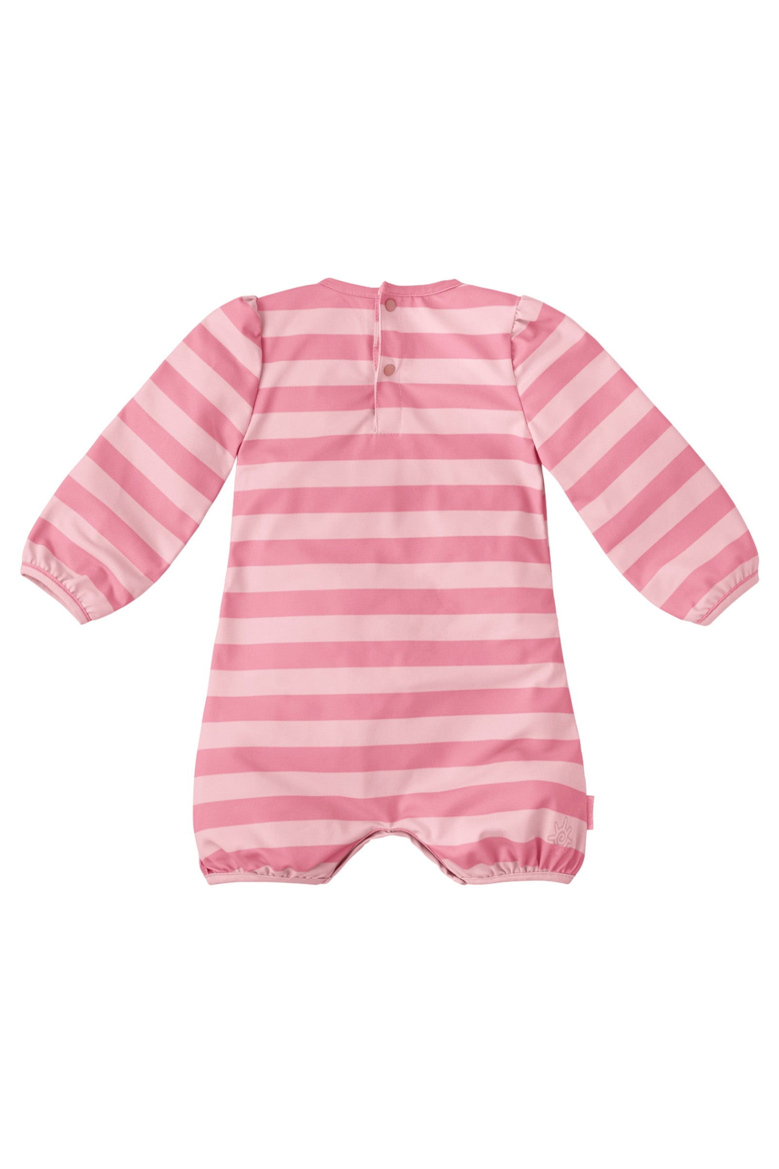 back of the baby girl's one-piece swimsuit in pink zebra stripe