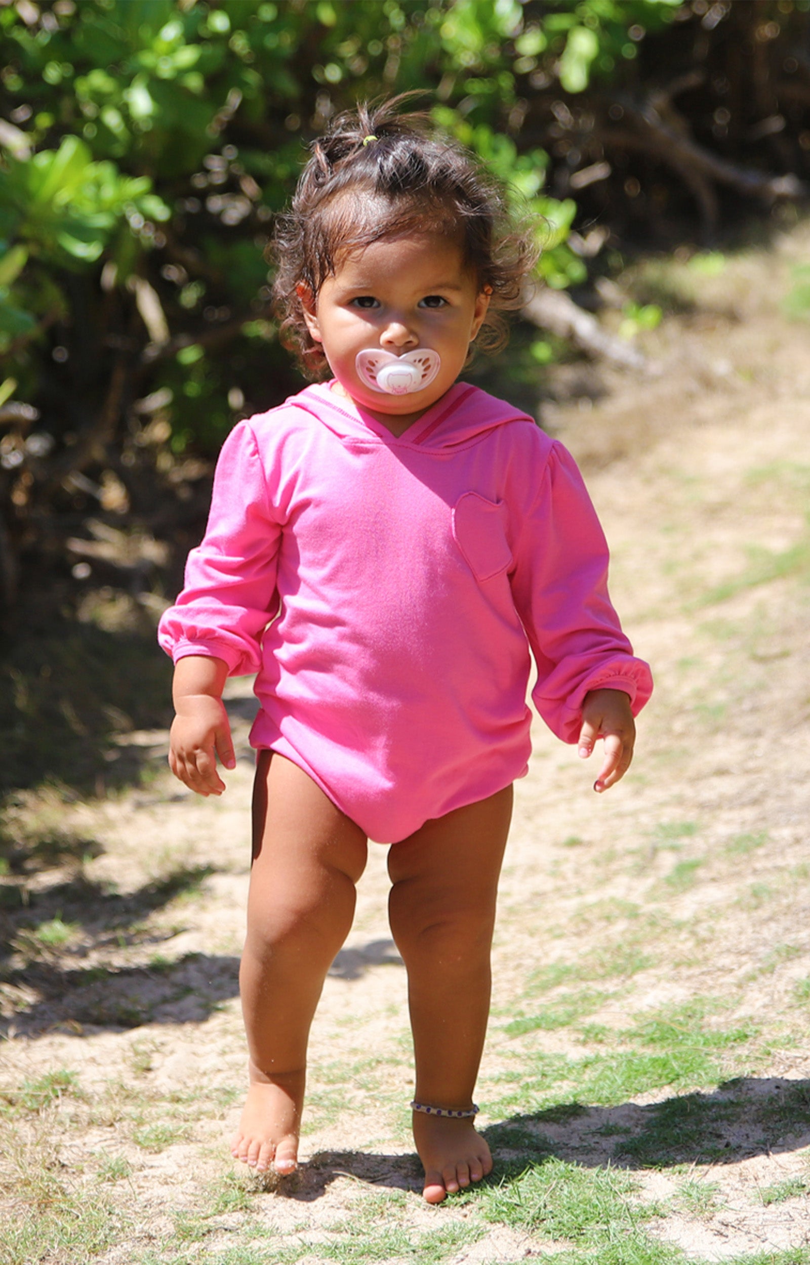 Baby Girl in the Baby Girl's Hooded Sunzie in Bubblegum|bubblegum