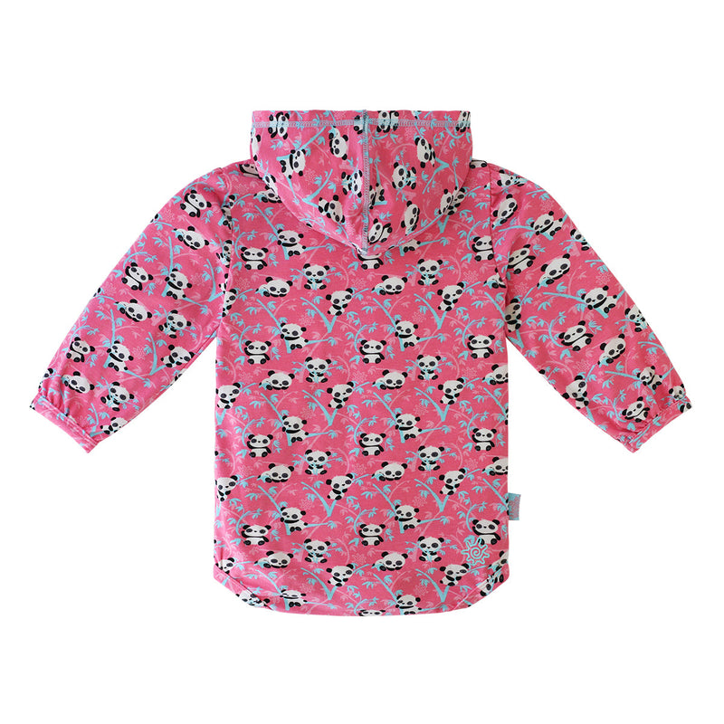 Back of the Baby Girl's Hooded Sunzie in Curious Pandas|curious-pandas
