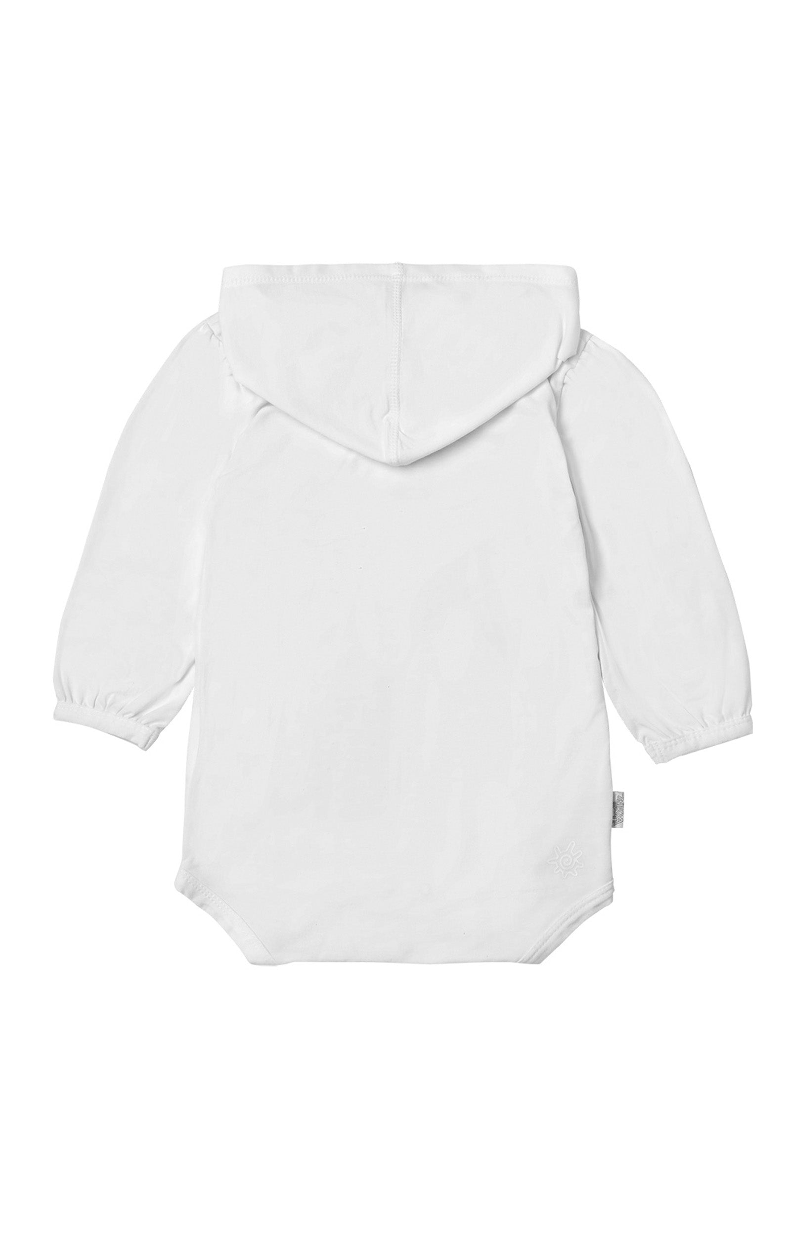 Back of the Baby Girl's Hooded Sunzie in White|white
