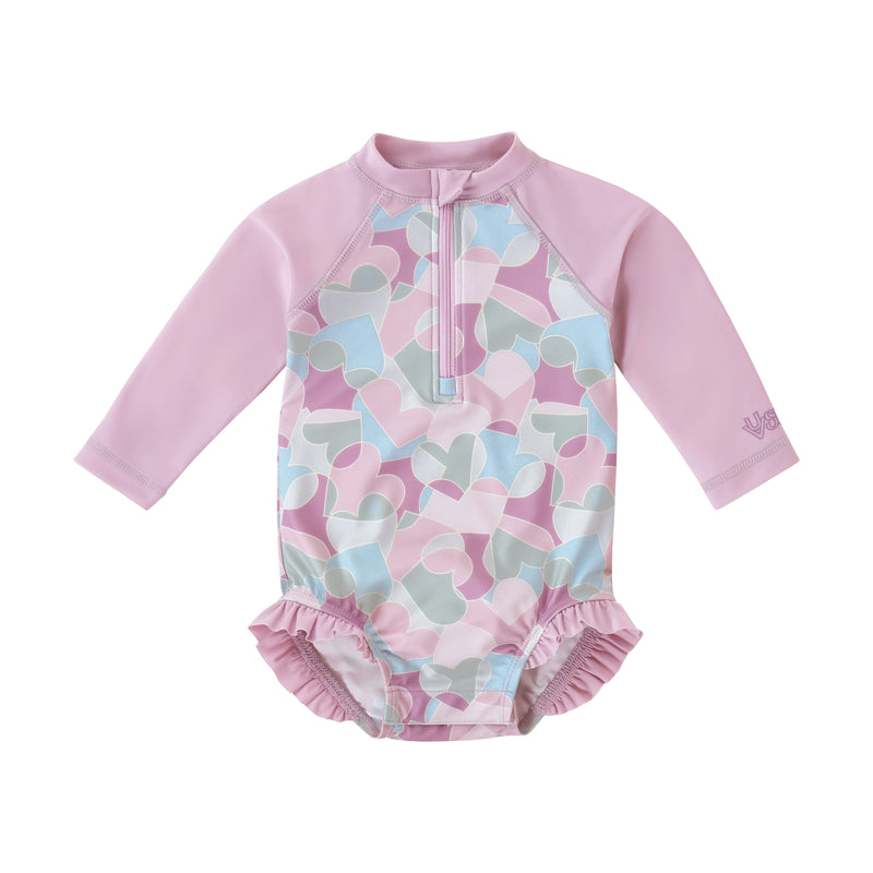 baby girl long sleeve ruffle legged swim suit in puzzle hearts|puzzle-hearts