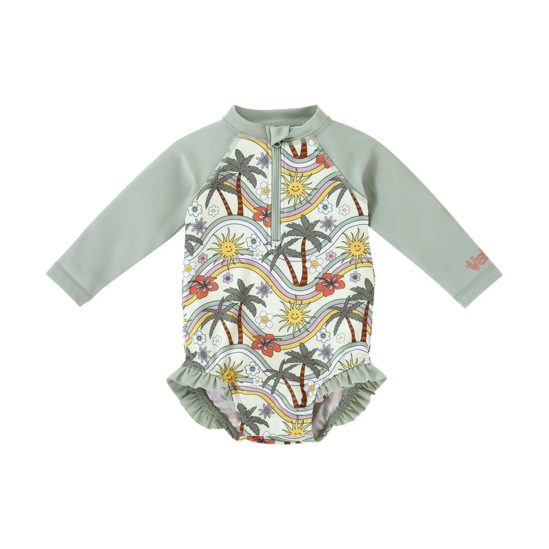 baby girl long sleeve ruffle legged swim suit in retro island|retro-island