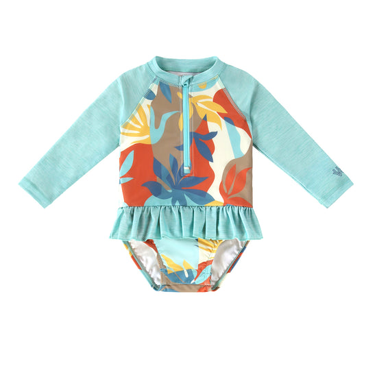 baby girl long sleeve ruffled swim suit in beach picasso|beach-picasso