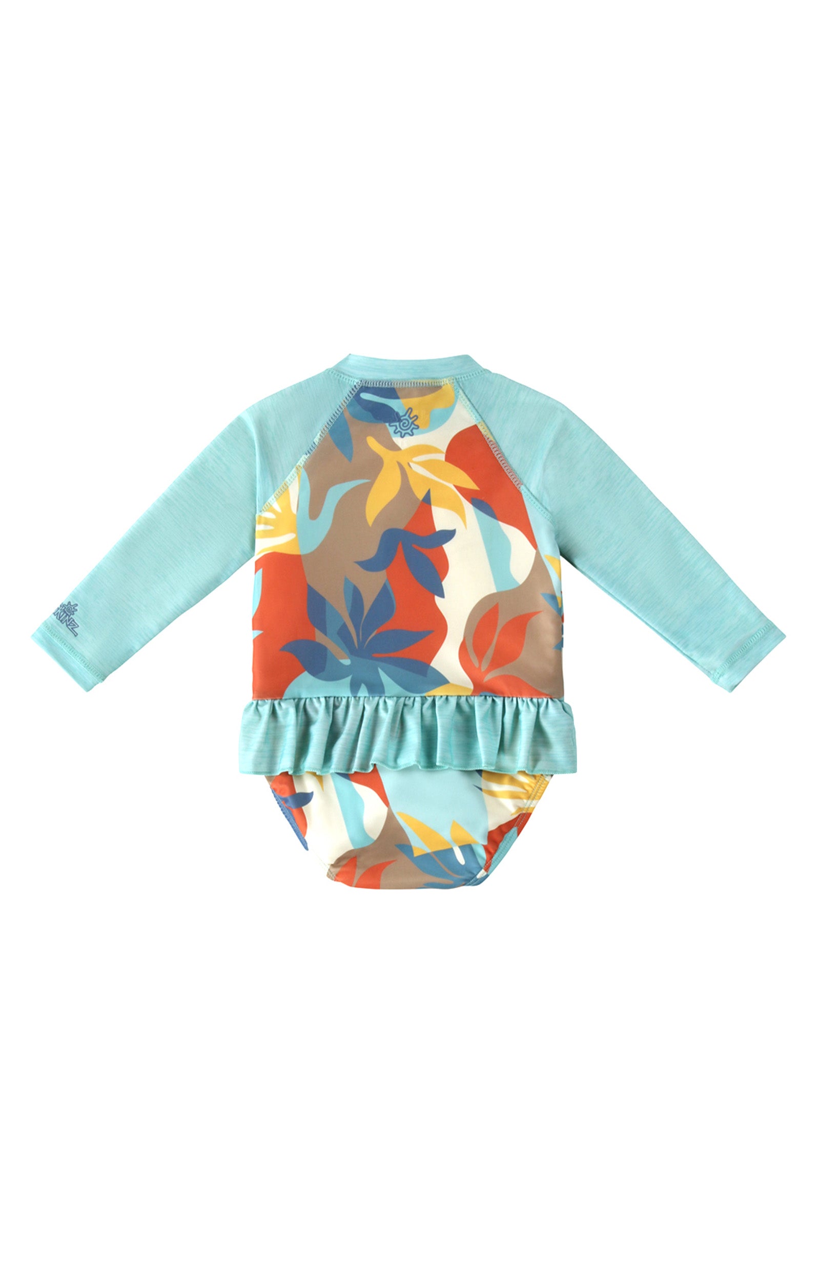 baby girl long sleeve ruffled swim suit in beach picasso back view|beach-picasso