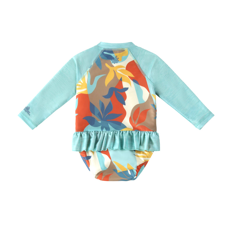 baby girl long sleeve ruffled swim suit in beach picasso back view|beach-picasso