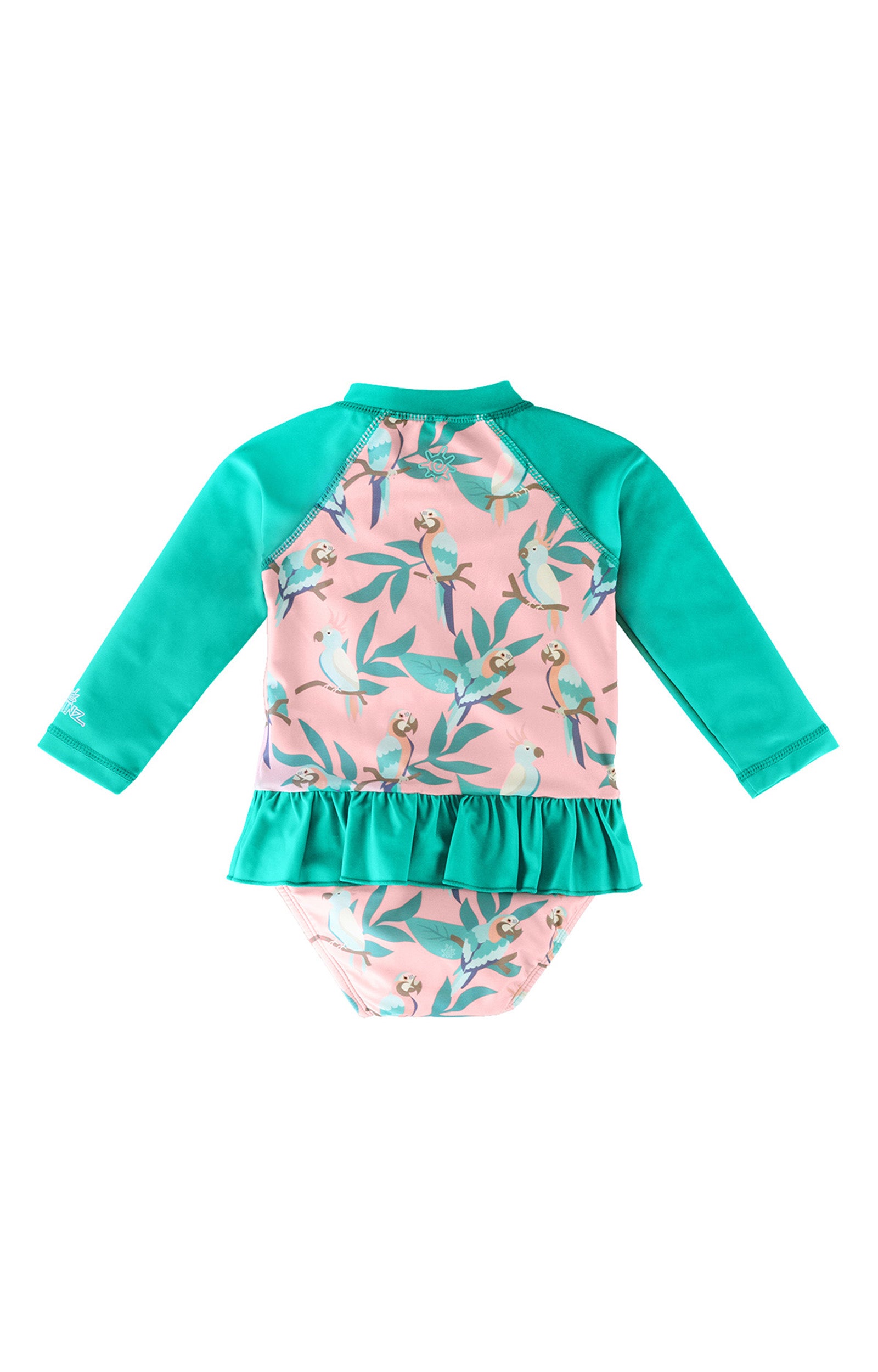 Back of the Baby Girl's Long Sleeve Ruffled Swim Suit in Birds of Paradise|birds-in-paradise