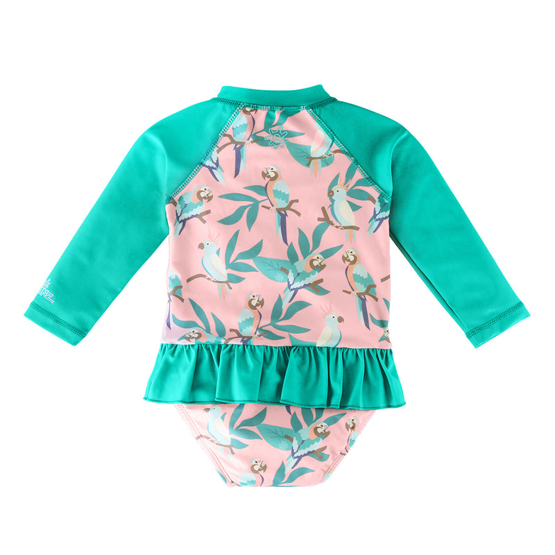 Back of the Baby Girl's Long Sleeve Ruffled Swim Suit in Birds of Paradise|birds-in-paradise