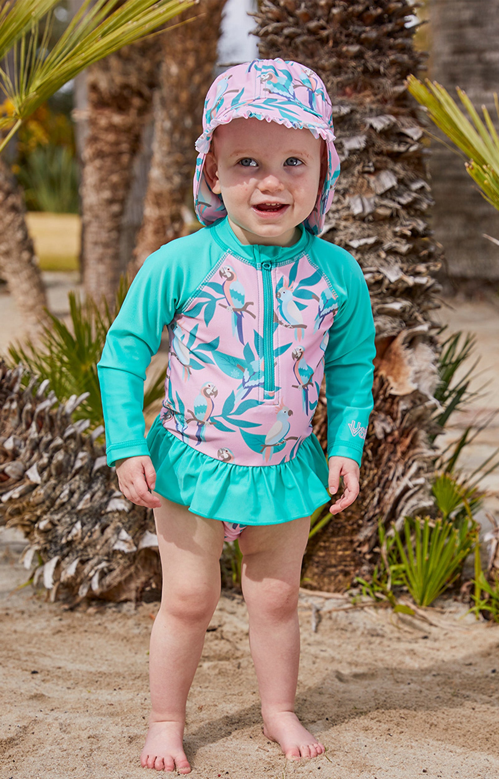 Baby Girl in the Baby Girl's Long Sleeve Ruffled Swim Suit in Birds of Paradise|birds-in-paradise