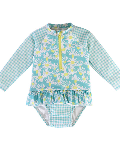 Baby Girl's Long Sleeve Ruffled Swim Suit in Daisy Fields|daisy-field