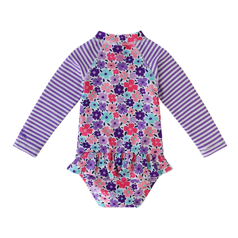 Back of the Baby Girl's Long Sleeve Ruffled Swim Suit in Purple Poppy Stripe|purple-poppy-stripe