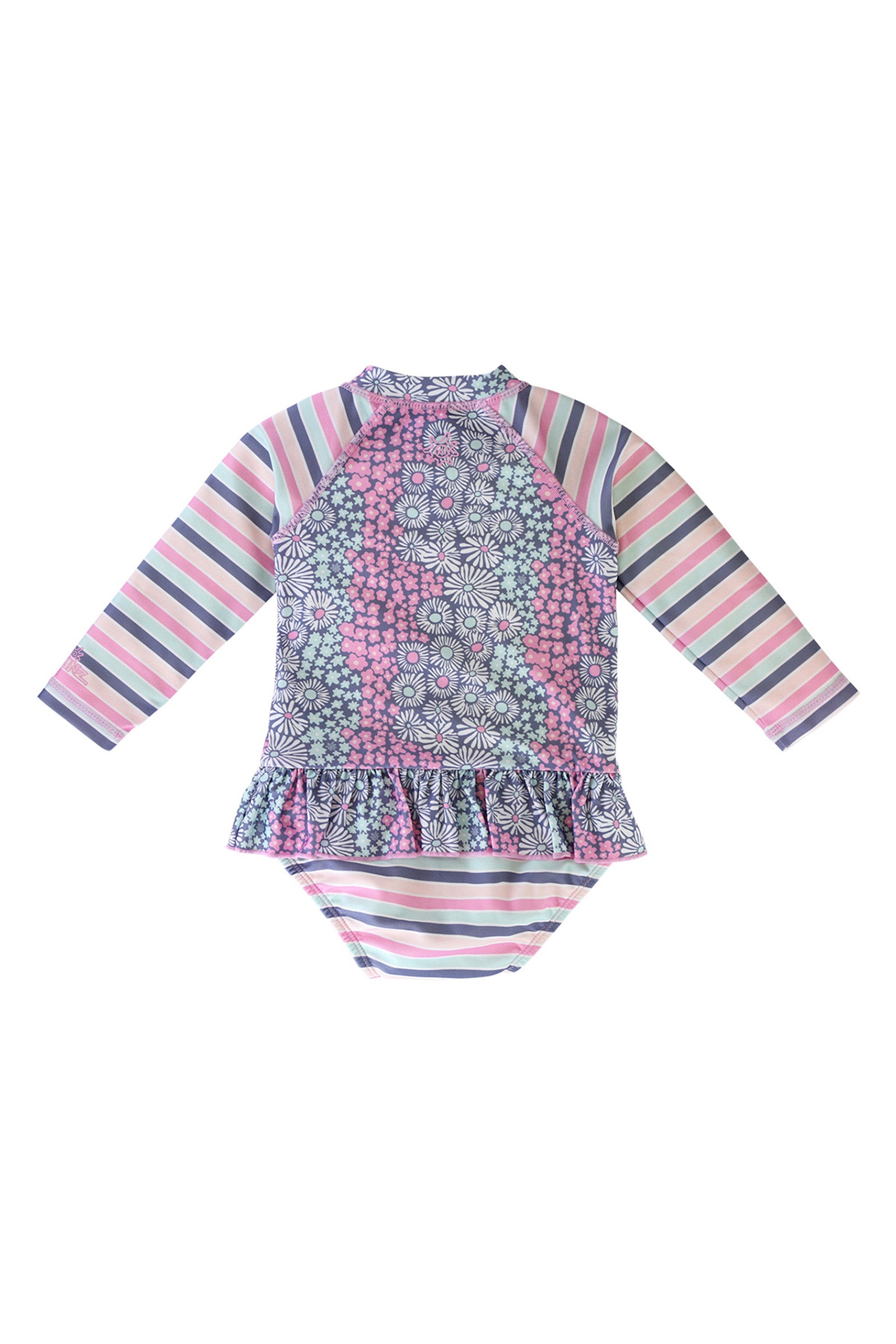 Back of the Baby Girl's Long Sleeve Ruffled Swim Suit in Wandering Flowers
