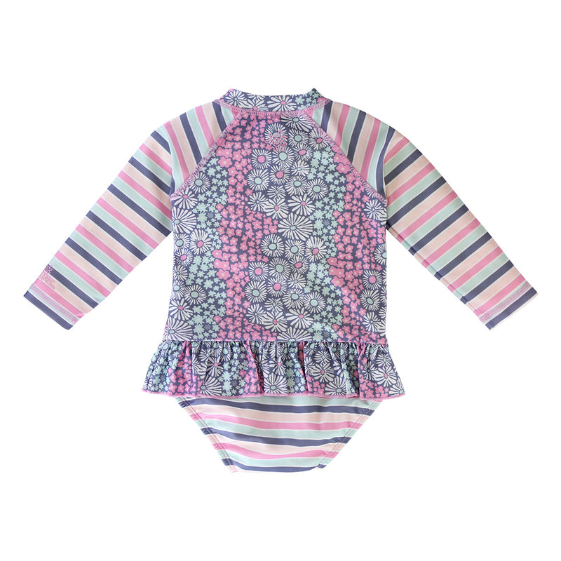 Back of the Baby Girl's Long Sleeve Ruffled Swim Suit in Wandering Flowers|wandering-flowers