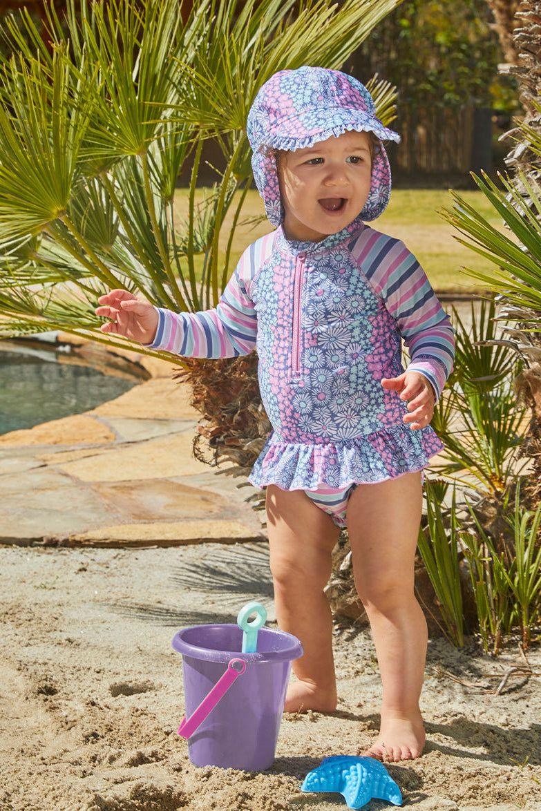 Little Baby Girl in the Baby Girl's Long Sleeve Ruffled Swim Suit in Wandering Flowers|wandering-flowers