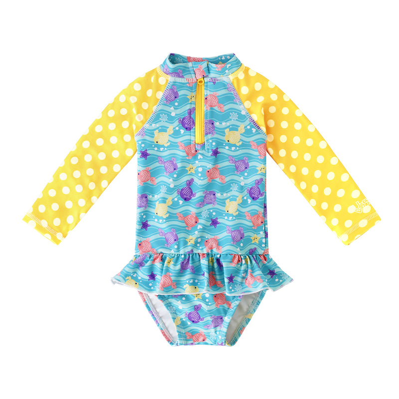 Baby Girl's Long Sleeve Ruffled Swim Suit in Wavy Baby Bubbles|wavy-baby-bubbles