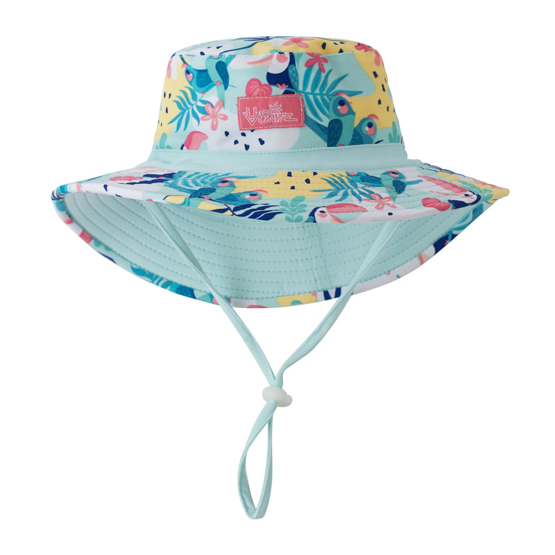 Close up of the baby girl's swim hat in beach glass toucan|beach-glass-toucan