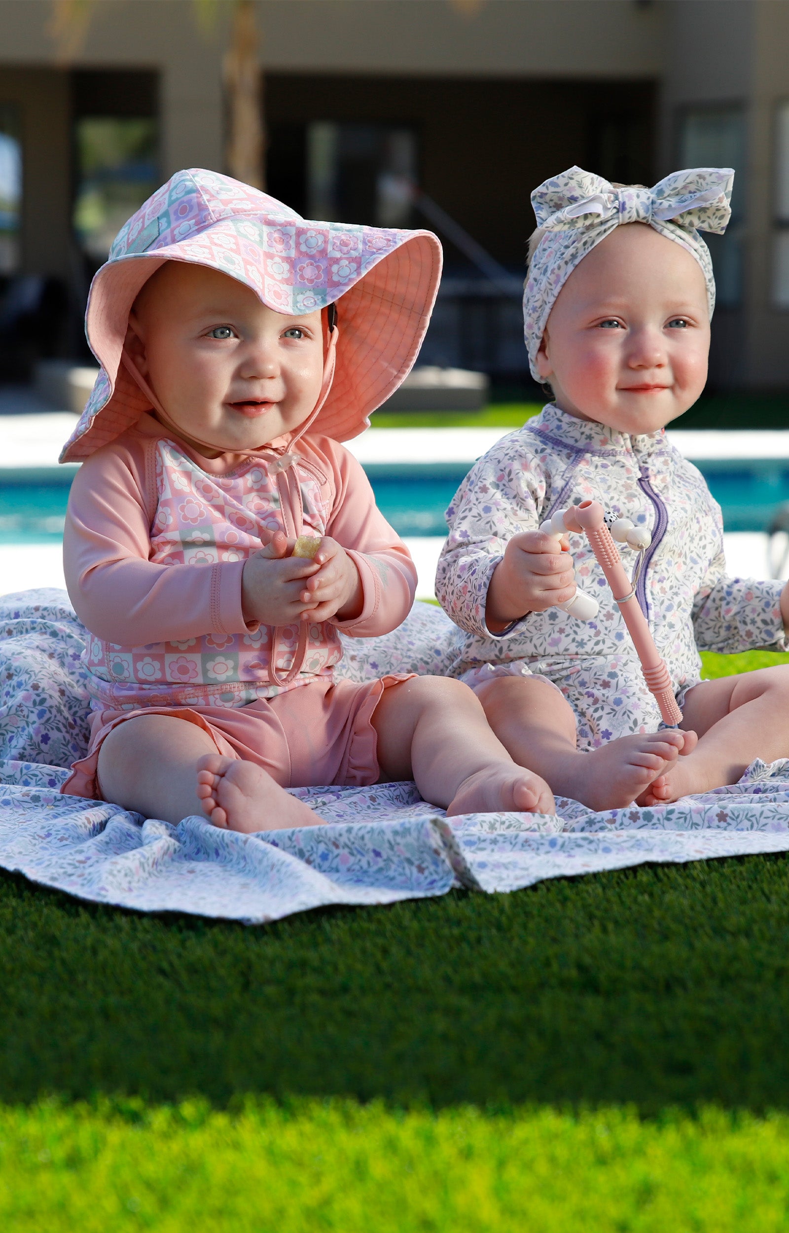 baby girl in scalloped bucket hat|tiled-flowers