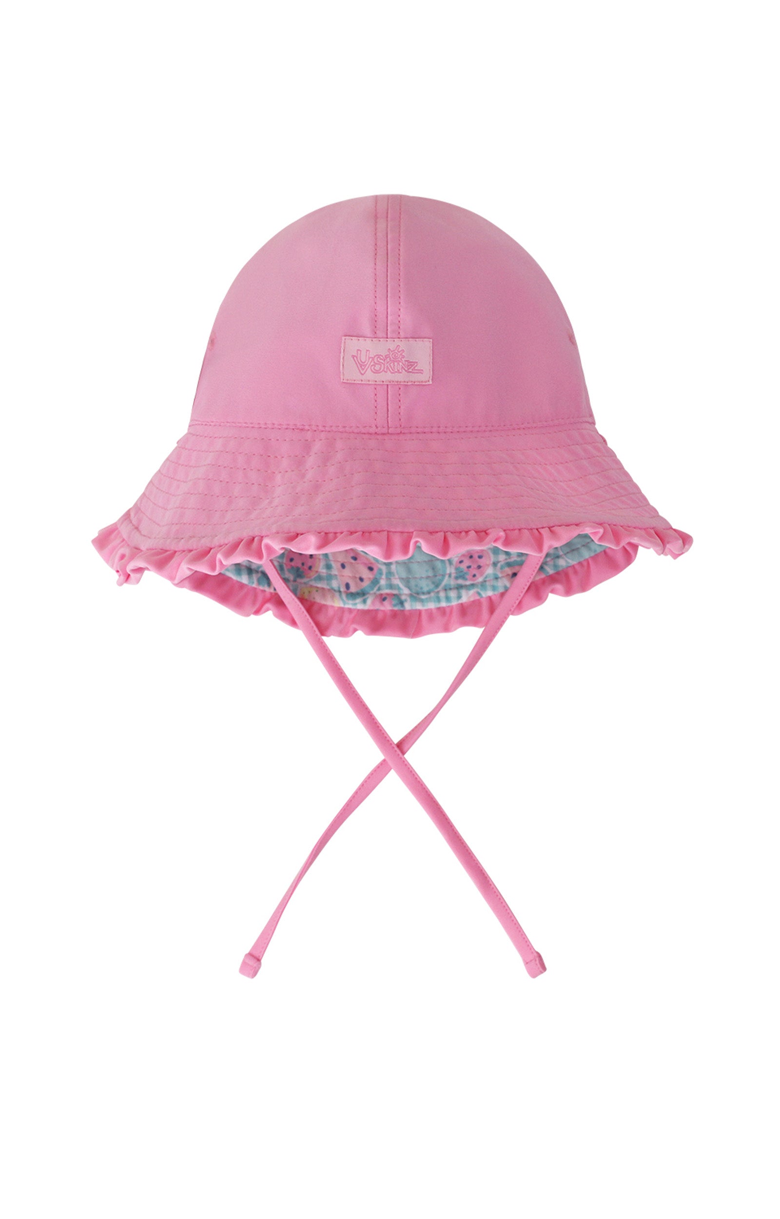 Reversed view of UV Skinz's baby girl's reversible sun hat in fruit fiesta|fruit-fiesta