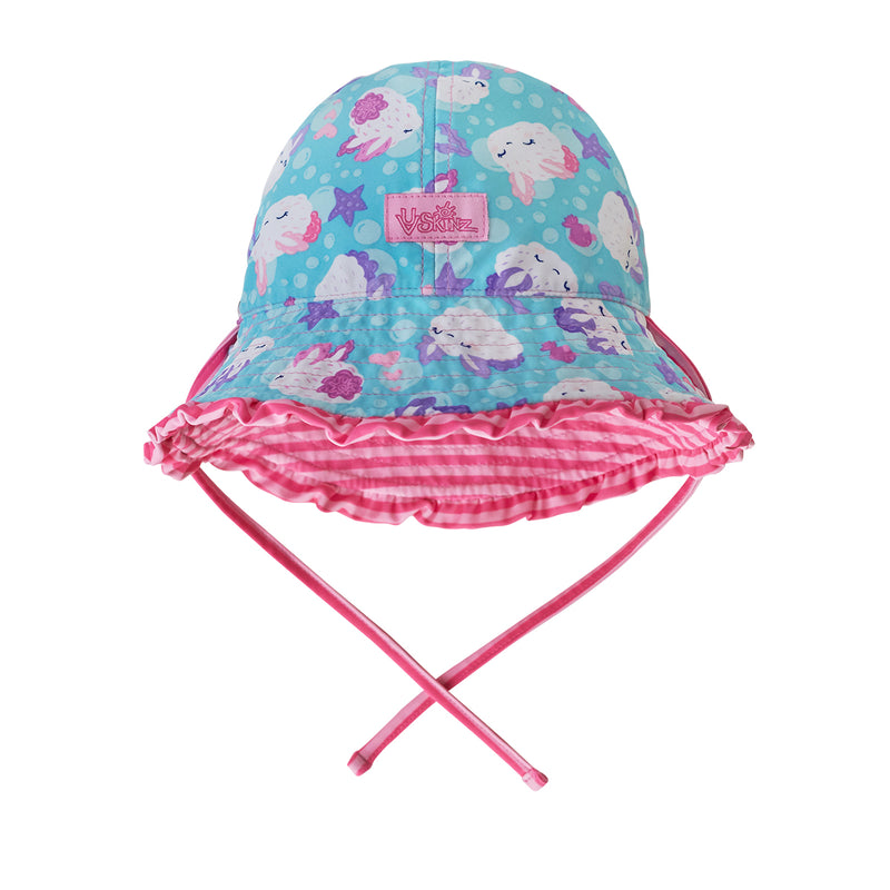 Reversed view of UV Skinz's baby girl's reversible sun hat in sea bunnies|sea-bunny-stripes