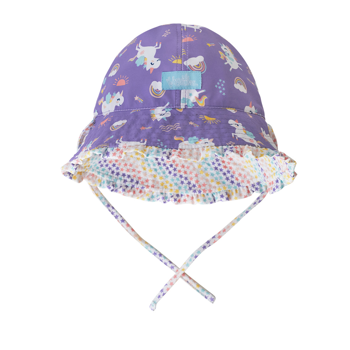 Reversed view of the UV Skinz's baby girl's reversible sun hat in soaring unicorns|soaring-unicorns