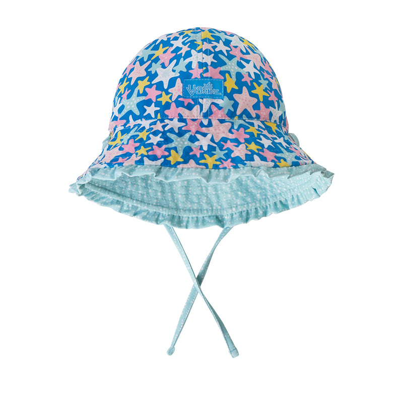 Reversed view of the UV Skinz's baby girl's reversible sun hat in starfish party|starfish-party