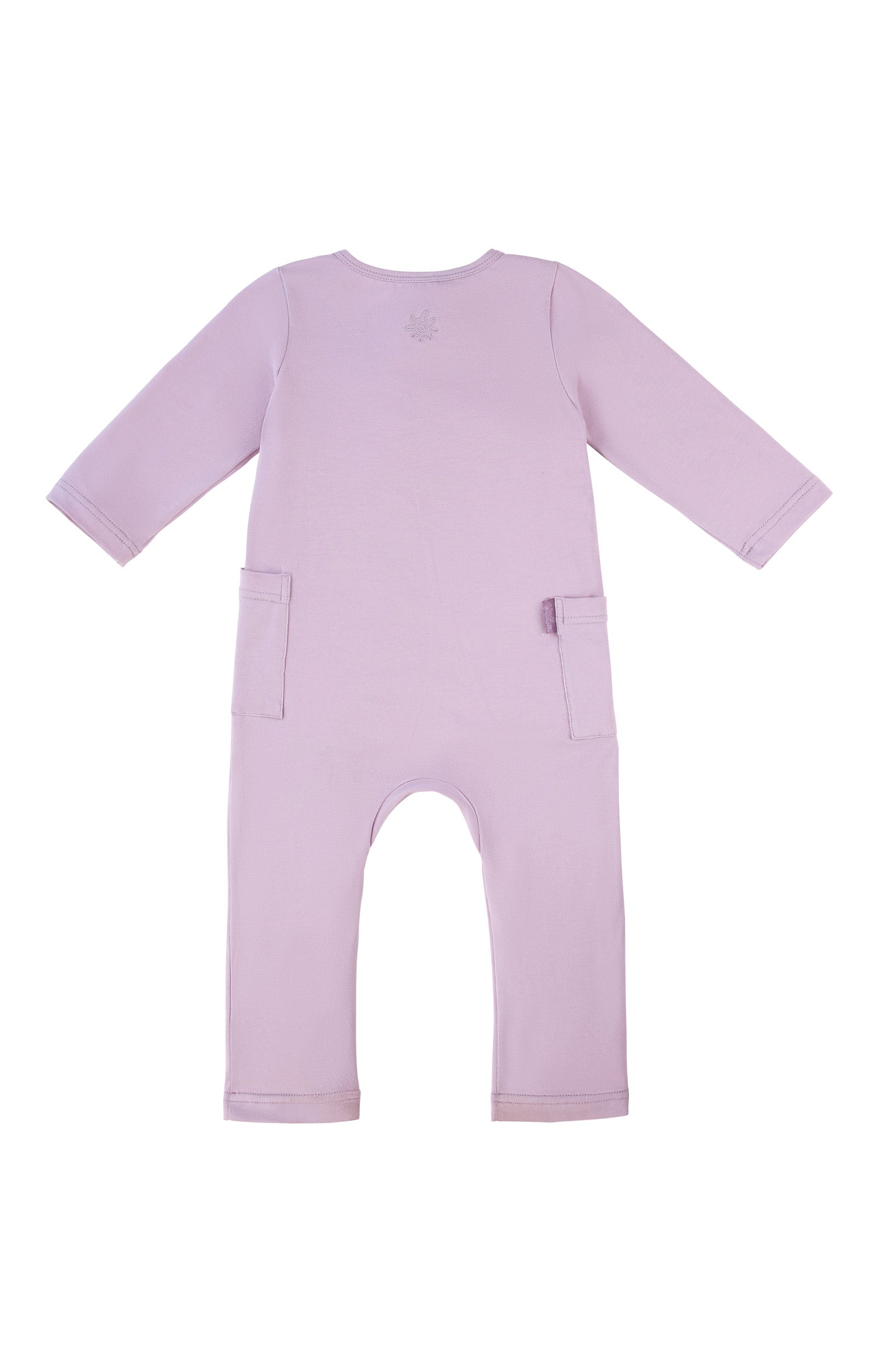 back view of long sleeve everyday romper in lotus|lotus