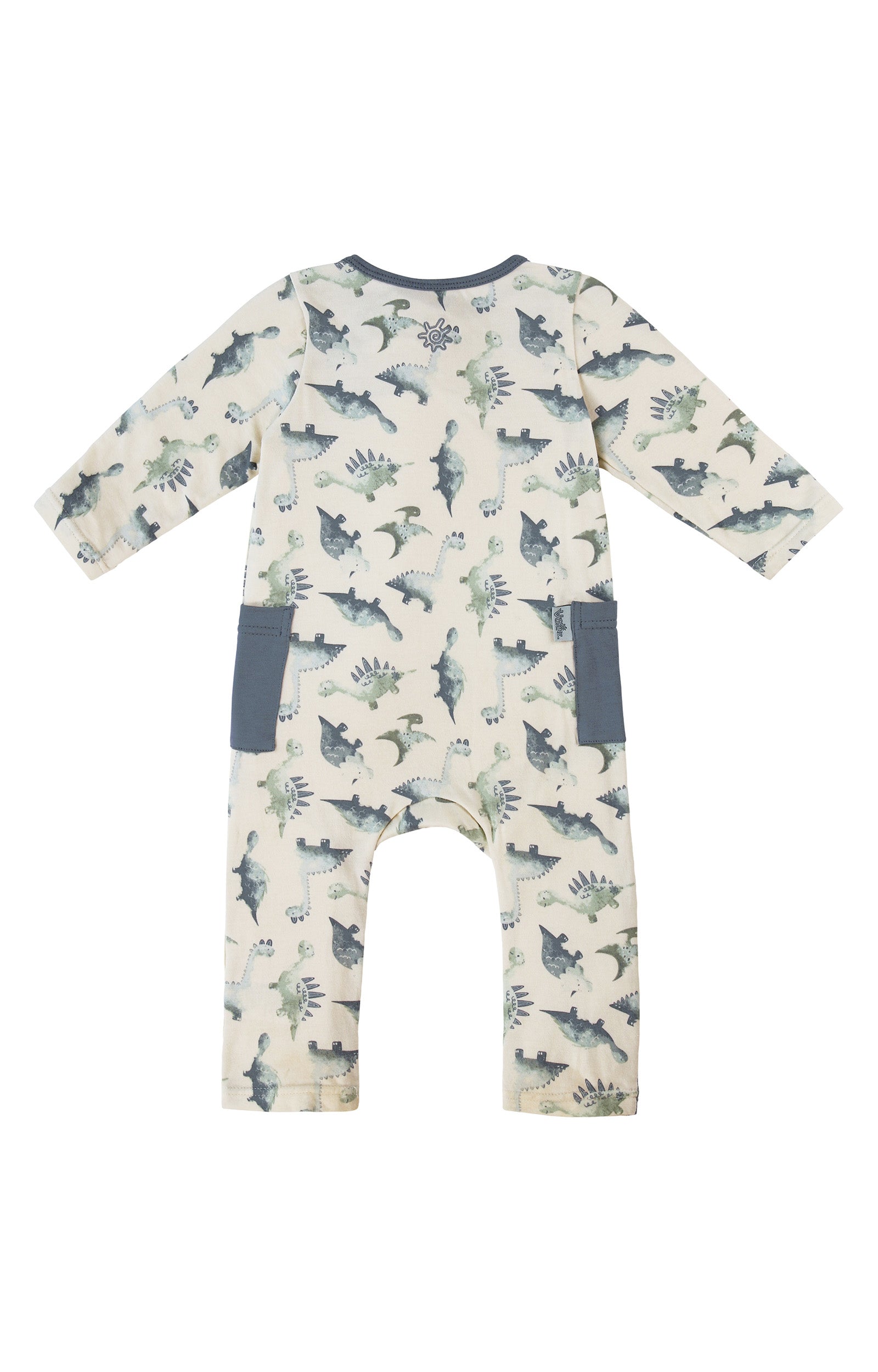 back view of baby long sleeve everyday romper in watercolor dinos|watercolor-dinos