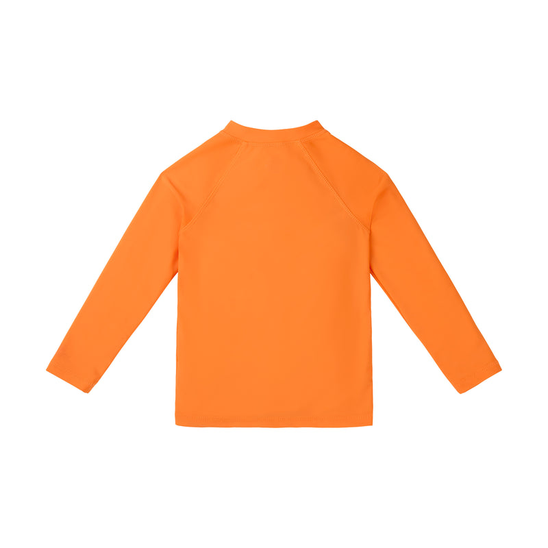 back view of kids full zip long sleeve rashguard in orange|orange