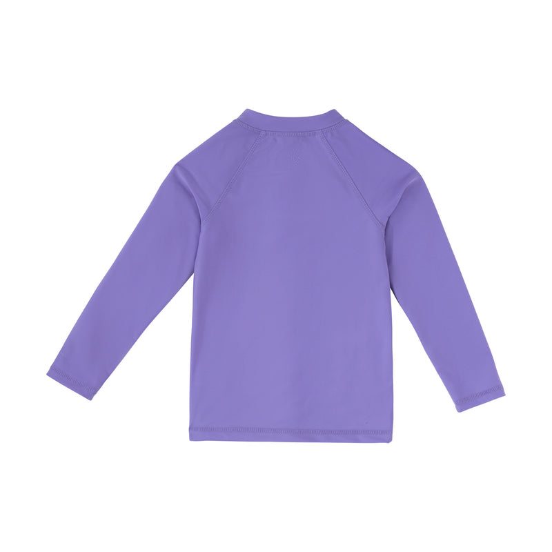 back view of kids full zip long sleeve rashguard in periwinkle|periwinkle