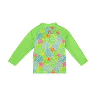 back view of baby long sleeve full zip swim rashguard in neon tropics|neon-tropics