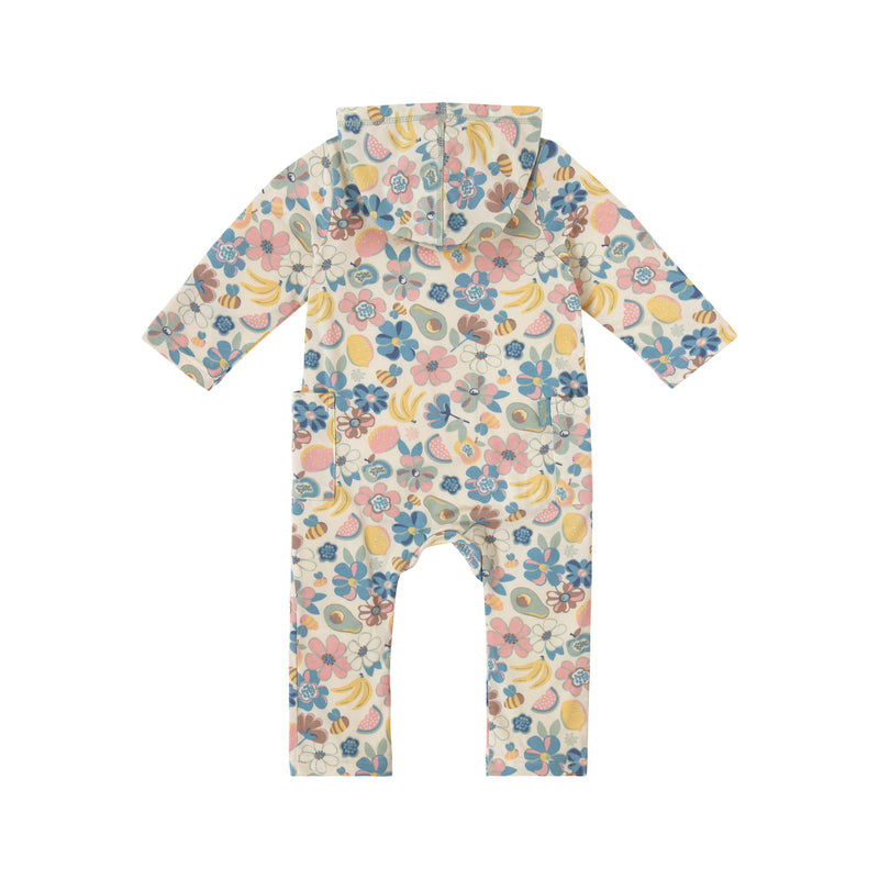 back view of baby long sleeve everyday hooded romper in fruit orchard|fruit-orchard