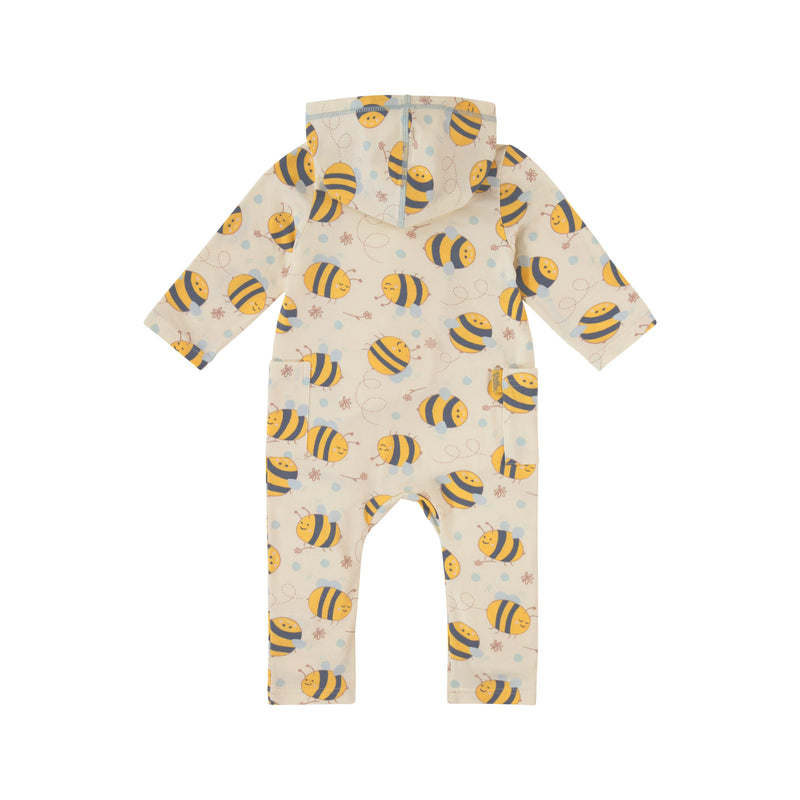 back view of baby long sleeve everyday hooded romper in happy hive|happy-hive