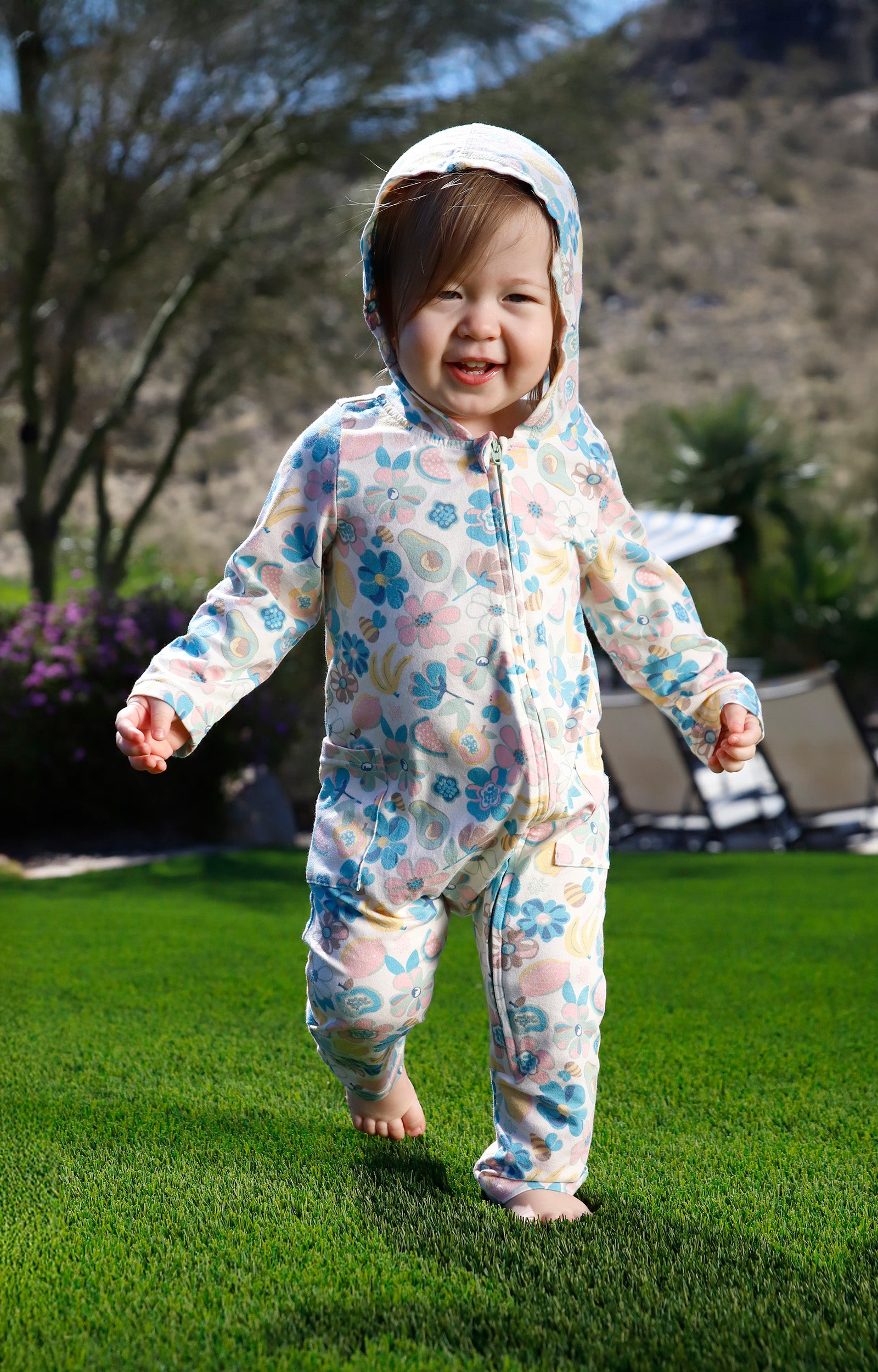 baby in everyday hooded romper|fruit-orchard