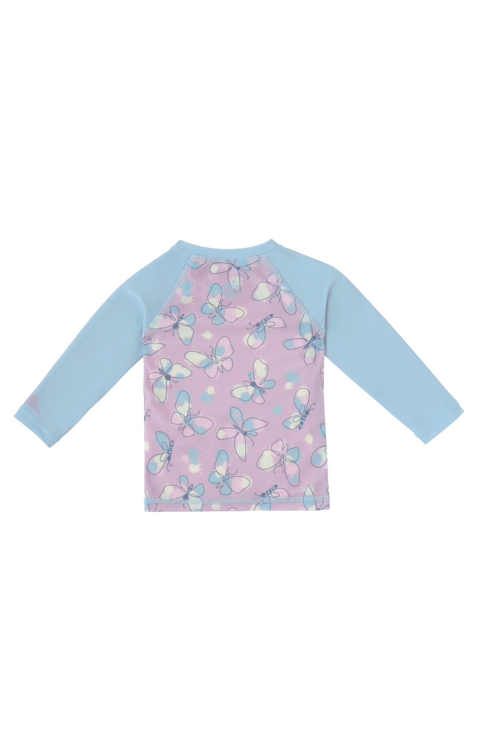 back view of baby zippy long sleeve swim shirt in colorful wings|colorful-wings